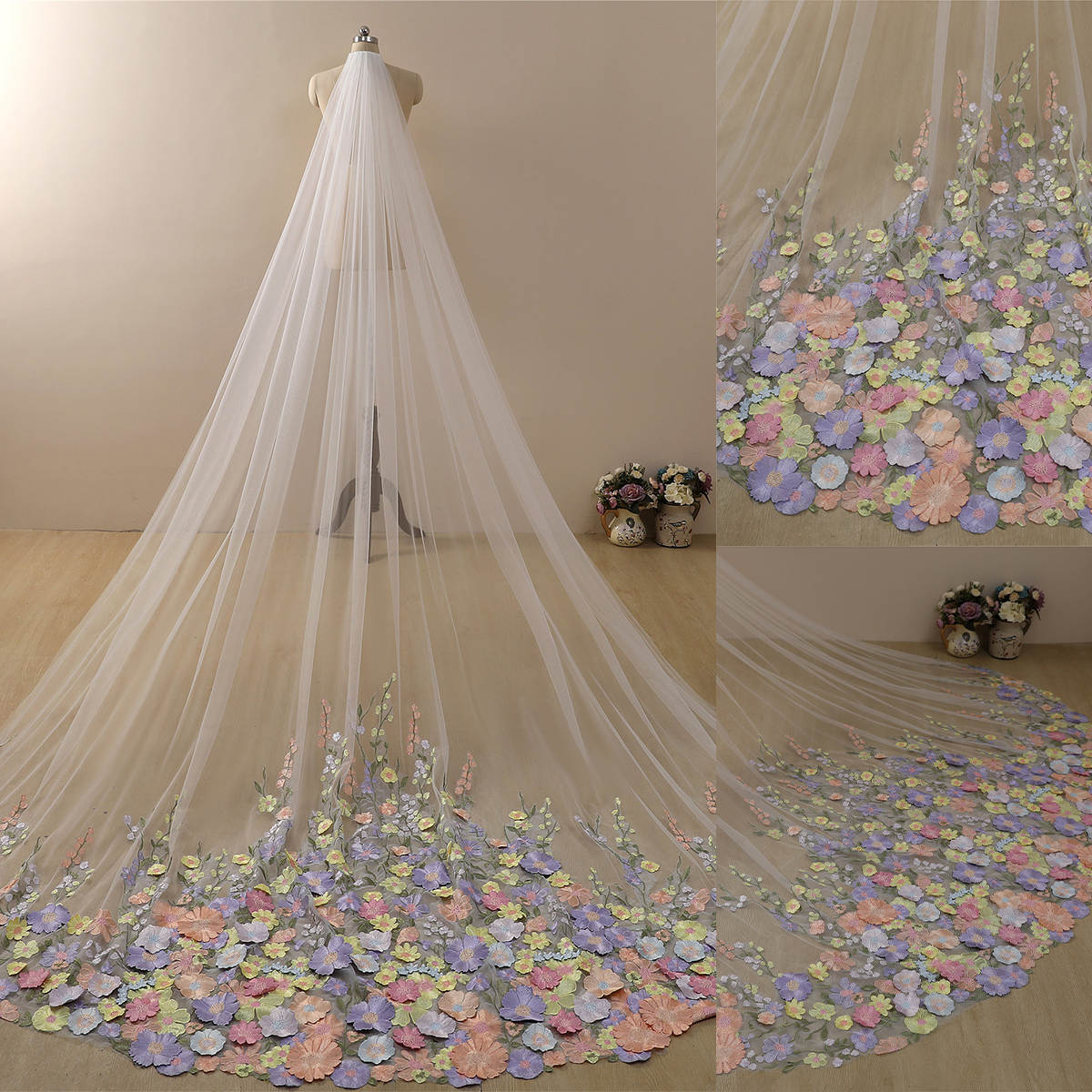 Colorful Wedding Veil Appliques One Layer Long Cathedral Length Veils Applique Edge With Comb Custom Made High Quality