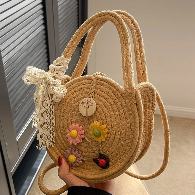 Cotton rope round grass beach bag retro handmade woven shoulder cross body Bohemian summer vacation leisure 240913