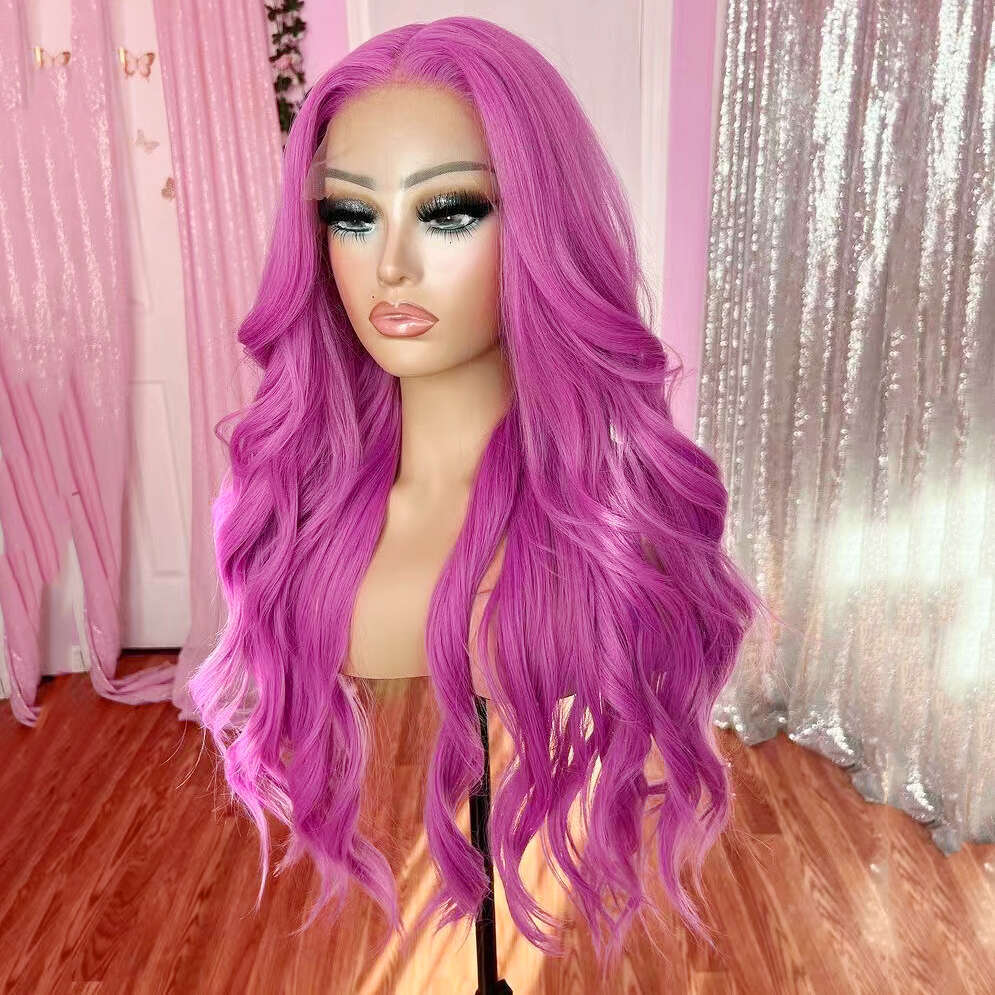 AIMEYA Pink For Women Long Body Wave Lace Front Wigs Heat Resistant Synthetic Rose Red Wig Daiy Use Cosplay