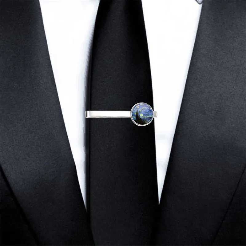 Mens New Fashion Van Gogh Oil Painting Tie Clip Copper Metal Simple Neck Tie Pin Set Pin Button Gift W240914