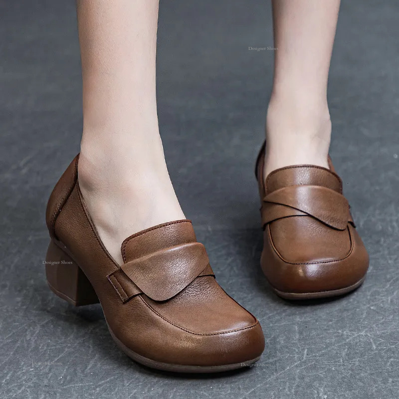 Autumn New 2023 Women's Four Seasons Single Thick Middle Heel Bottom Wash Hair Layer Soft Cowhide Wind Lefu Shoes