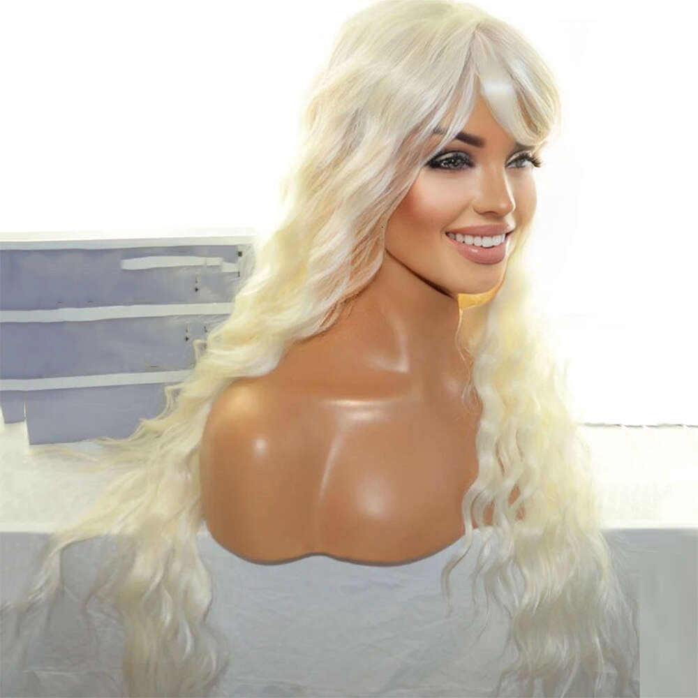 Wavy Curly Long 30 Inches Wig Fringe Bangs Center Part Ice Platinum Blonde Human Hair Blends Heat Friendly Synthetic Fibers