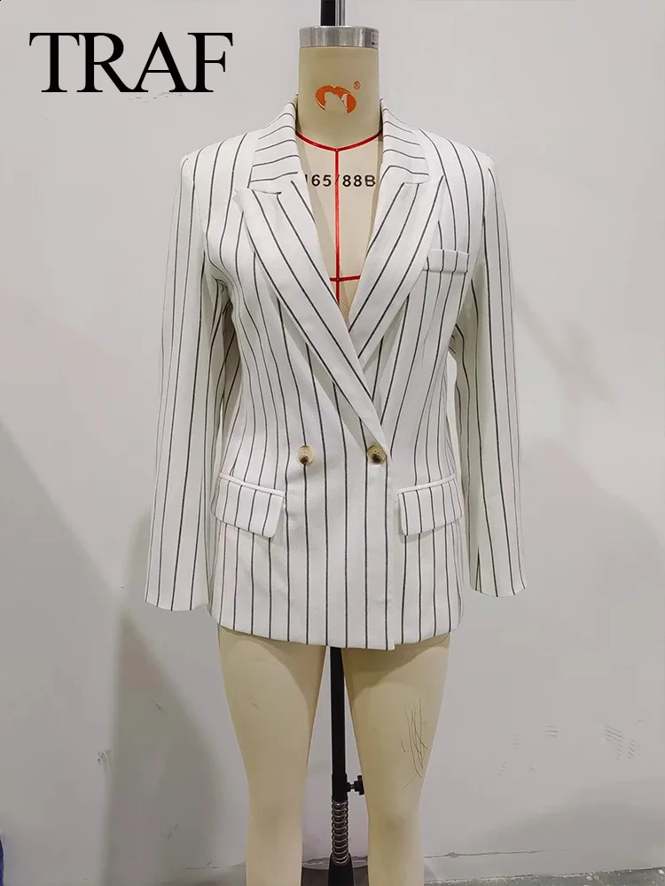 TRAF Women Fashion Autumn Coats Black And White Stripe Plus Size Double Breasted Office Lady Blazers Casual Loose Jackets Street 240910