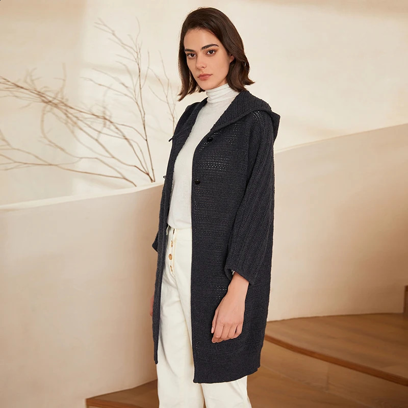 BC309 Thick 100% Pure Wool Button Hooded Knit MidLength Sweater Coat For Women Hoodie Cardigan Clothes 240904