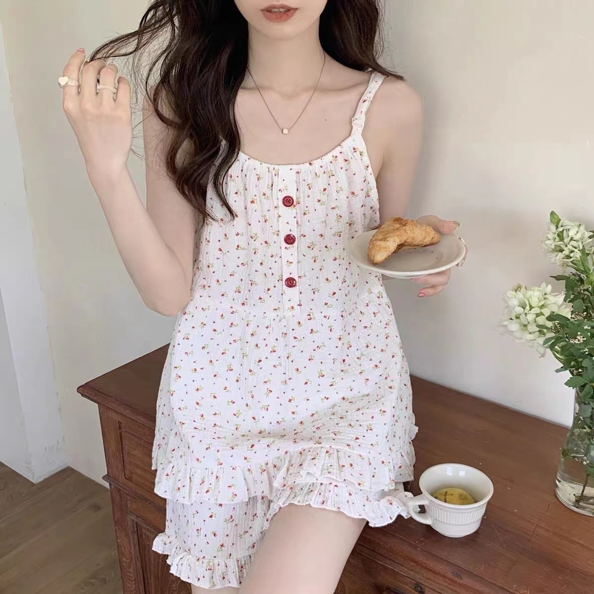 100% Cotton Women's Pama Set Woman 2 Pieces Spaghetti Strap Sleepwear Women Ral Print Pama Loungewea Slip Dress
