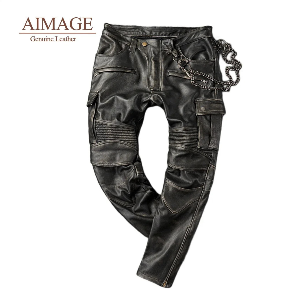 Retro mens denim leather pants with multiple pockets Pantalones De Cuero Moto Ride Pantalon Cuir travel windproof latex mens PY416 240913