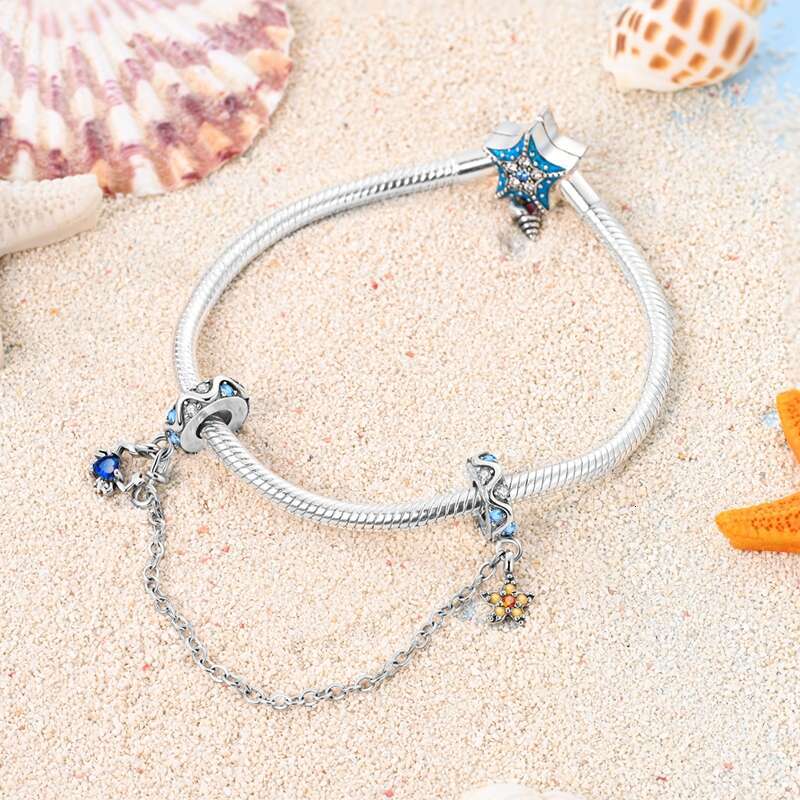 925 Sterling Silver Starfish Crab Butterfly Safety Chains Spacer Beads Charms Fit Original Bracelet DIY Jewelry