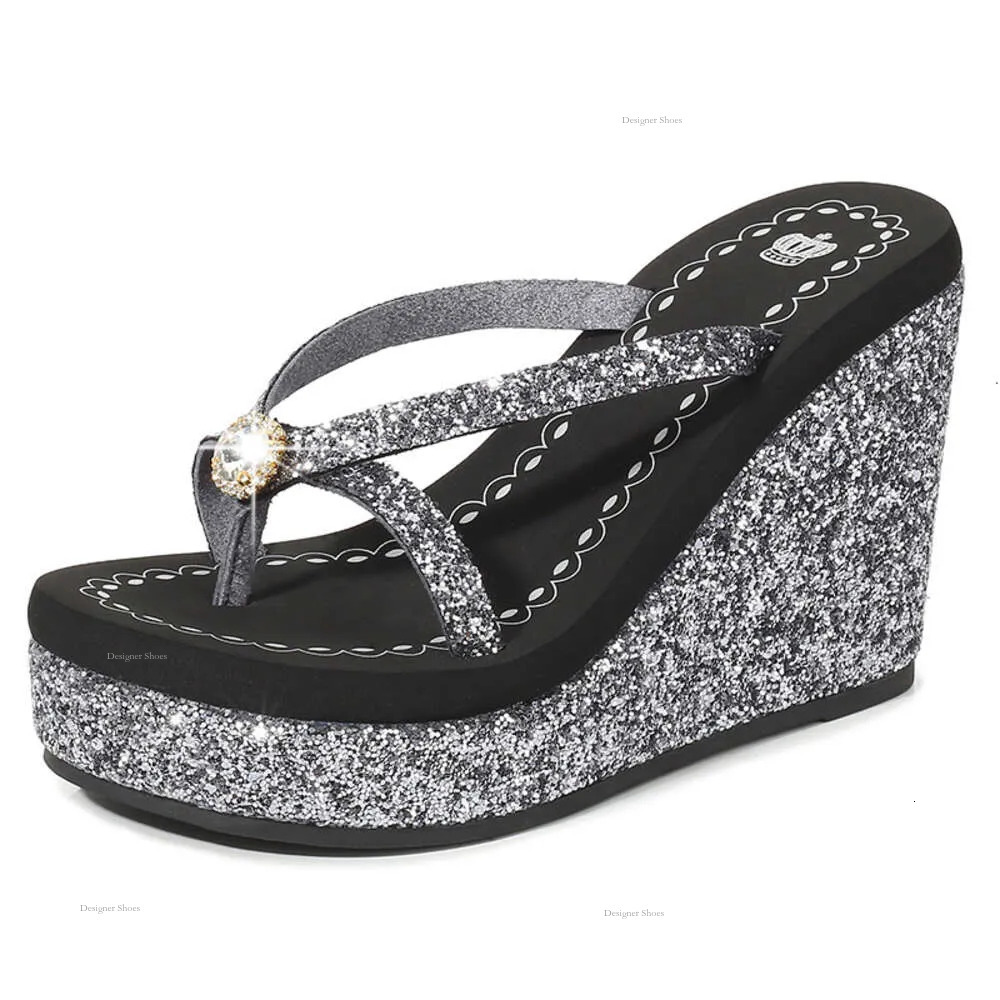 Summer New 2024 Women's Super Heel Slippers With Sparkling Crystal Herringbone High Heels s
