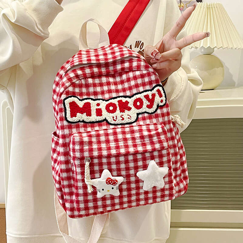 AMZZ Red Checkered Cartoon Cute Student Backpack, Travel Spring Outing Snack Bag 50