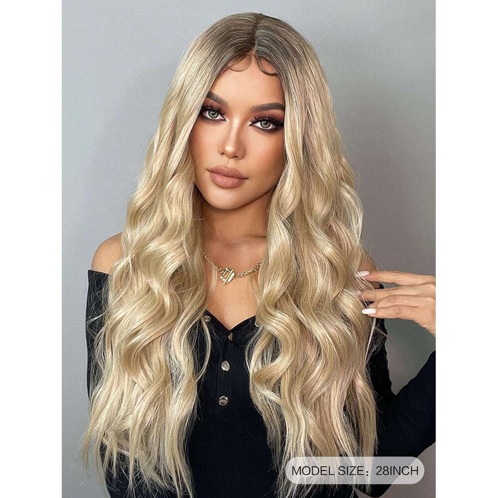 Lace Front Synthetic Long Wavy Wig Ombre Light Blonde Wigs For Women Daily Hair Heat Resistant 28" 180% Density
