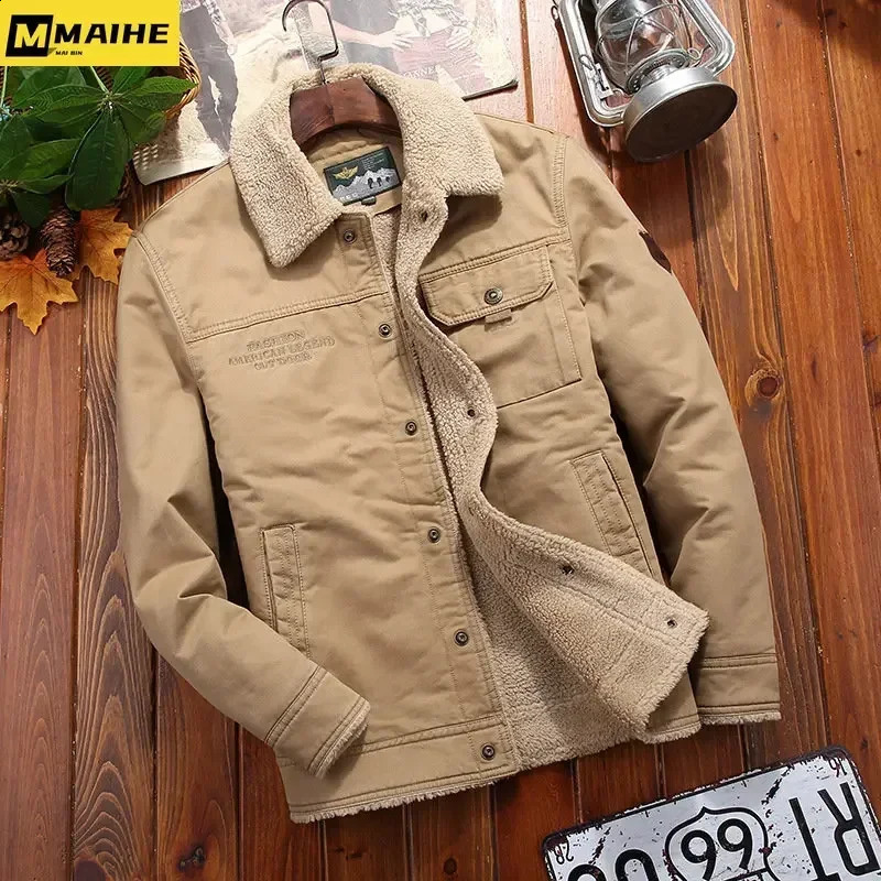 Retro fur collar Winter Jacket Mens Thick warm Coat Casual lamb fleece Parka Mens Trend Jacket Mens Bomber Jacket 6xl 240911