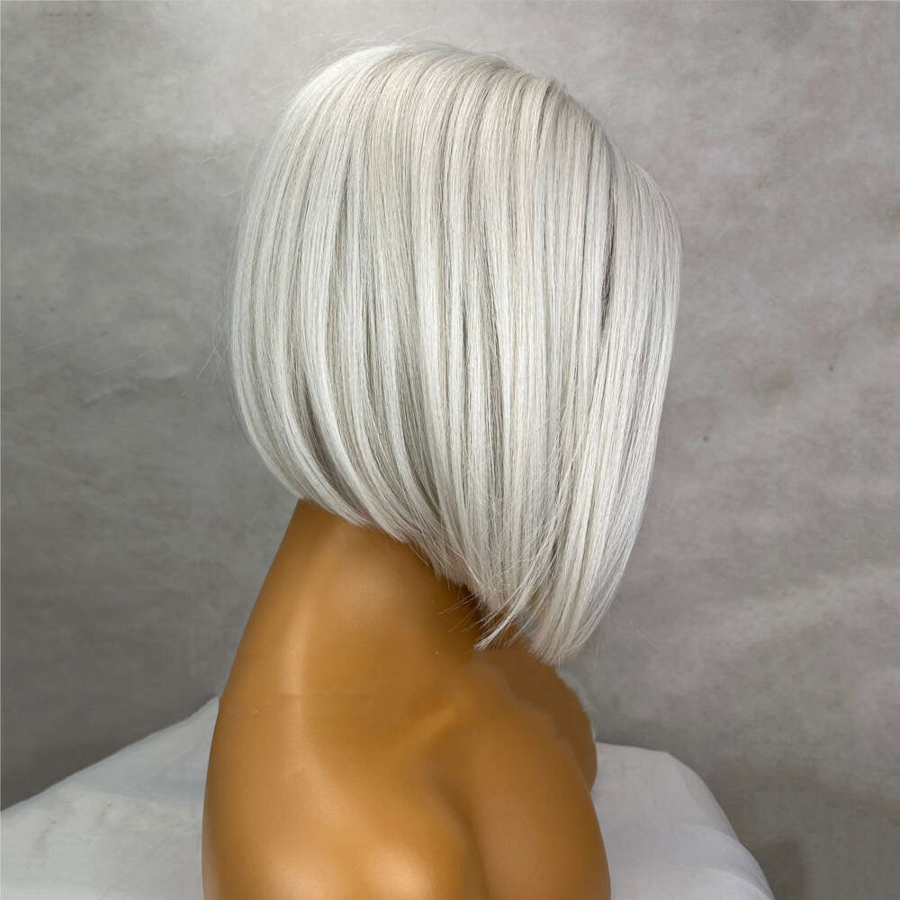 Short White Platinum Blonde Bob Wig 12 Inch Straight Center Parting 150 Density Synthetic Lace Front Human Hair Blends Gift Wigs