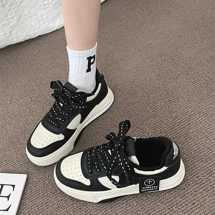 Board Sneakers New Muffin Thick Bottom Khaki Black White Color Matching Fashion Women's Casual Sports Shoes