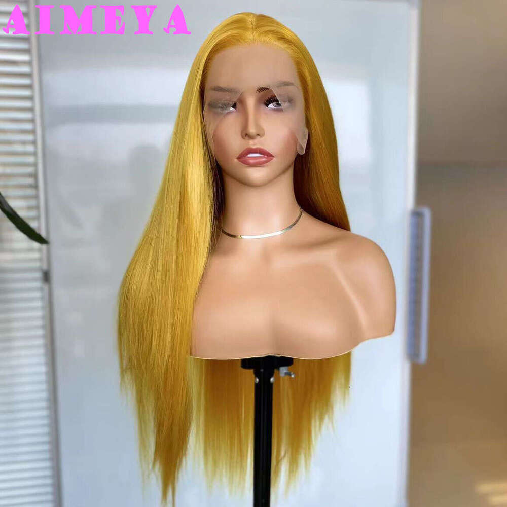 AIMEYA Lace Front For Fashion Women Heat Resistant Synthetic Hair Long Straight Loose Wave Curly Gloden Yellow Wigs
