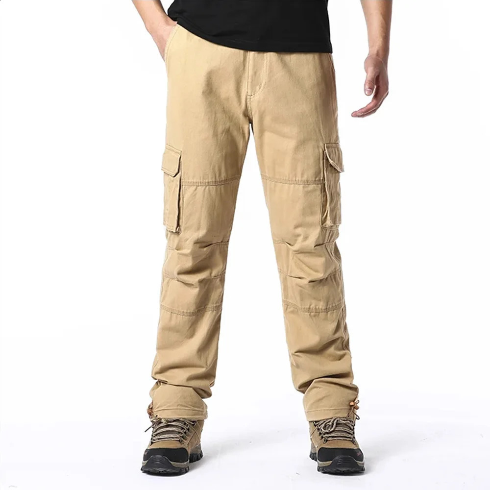 Autumn Cotton Cargo Pants Men Solid Color Large Pocket Loose Overalls Elastic Waist Casual Trousers Military Tacticl Pants 240911