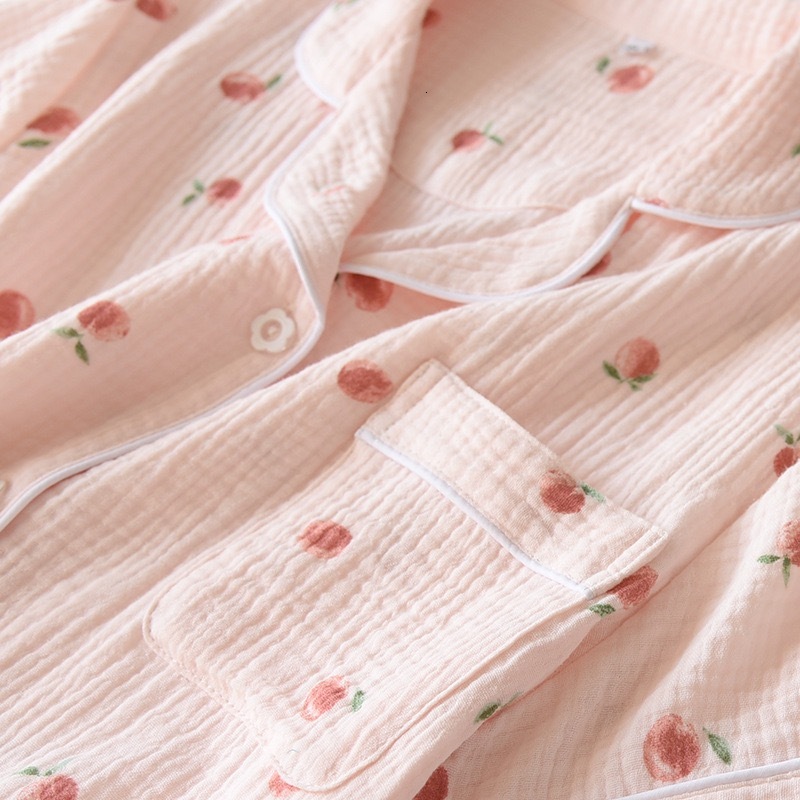 100% Cotton Gauze Summer 2-Piece Set Short-Sleeved Peach Print Homewear Ladies Pamas Women Sleepwear