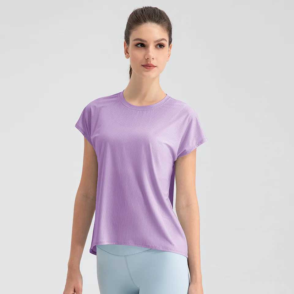 Women cool drop-shoulder curved hem I-pleated back breathable quick dry yoga sports casual short sleeve T-shirt top with M240914