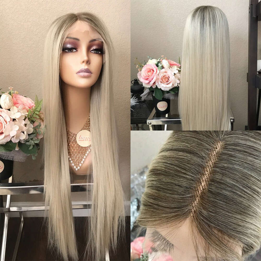 Platinum Blonde Straight Lace Front Wig For Women Synthetic Mixed Human Hair Wigs Heat Resistant Pre Plucked Ash Root Daily Wear