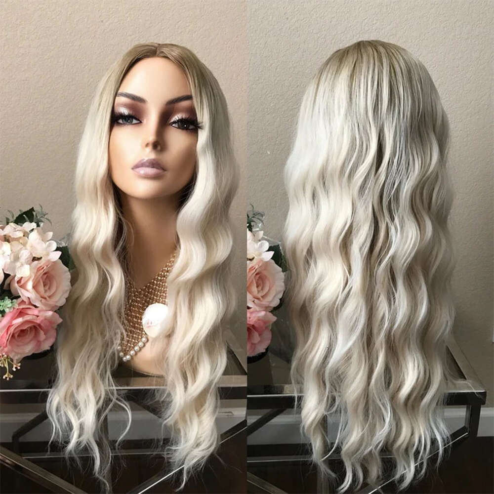 26'' Ombre Platinum Blonde Loose Wave Heat Resistant Synthetic Lace Front Wig For Women 10% Mixed Human Hair Wigs Dailly
