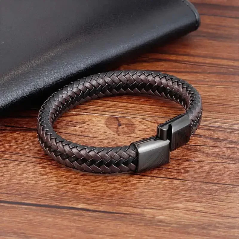 Fashionable punk mens bracelet black brown woven leather bracelet stainless steel magnetic buckle bracelet mens jewelry gift 240914
