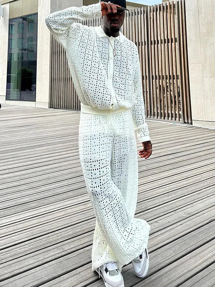 Fashion Solid Crochet Hollow Out Mens Pants 2 Piece Set Casual Lace Lapel Shirt With Wide Leg Trousers Suits Autumn Outfits 240909