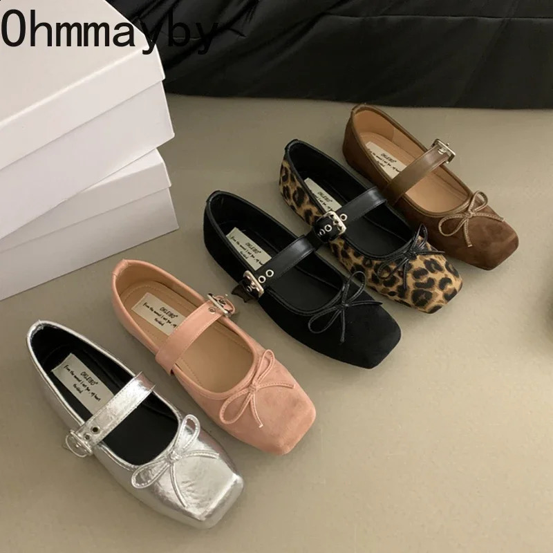 Leopard Print Women Mary Jane Shoes Fashion Shallow Butterfly-knot Flats Retro Style Ladies Comfort Soft Sole Ballerina Shoes 240904