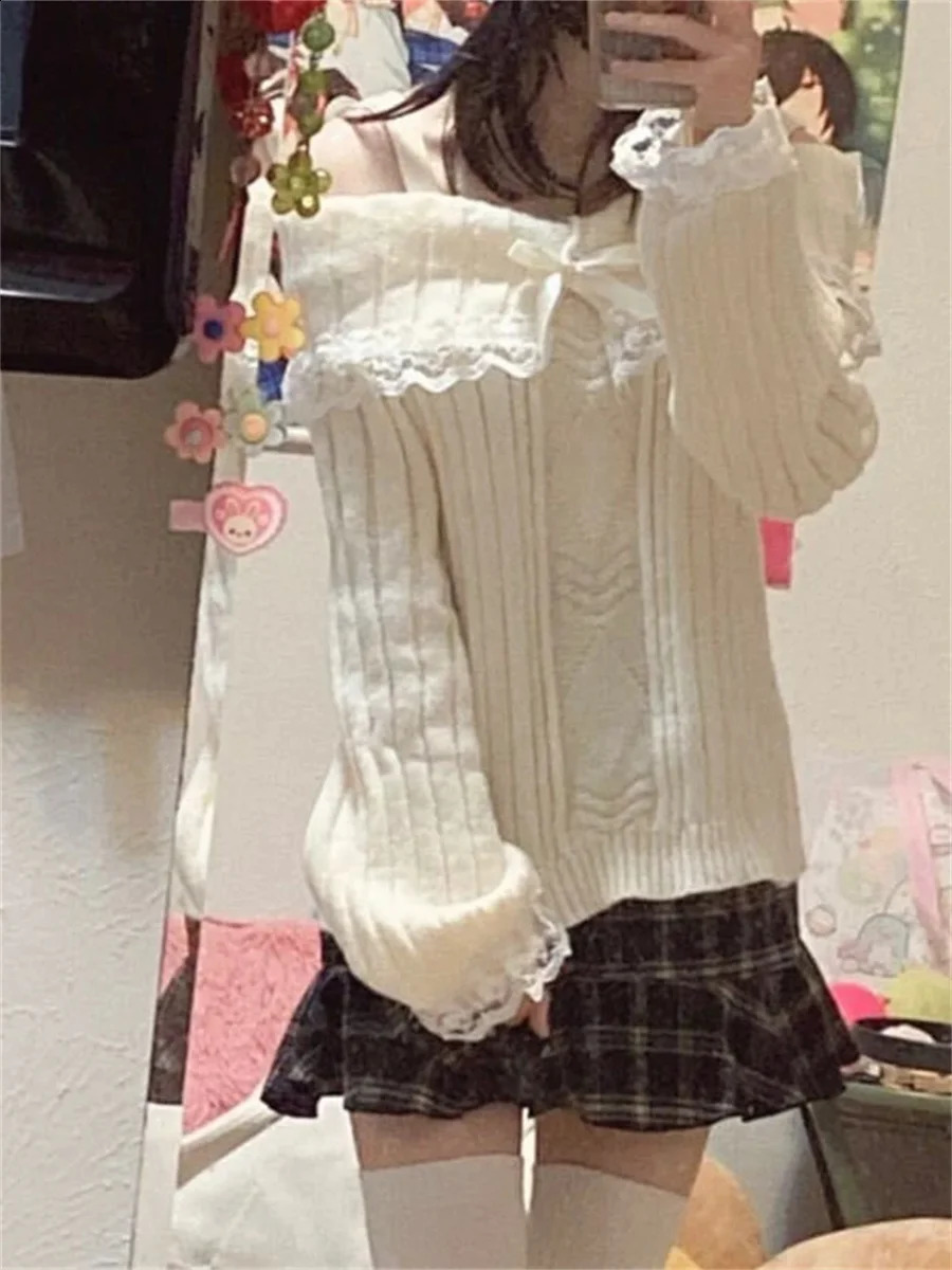 Grunge Women Off Shoulder Knit Sweater Pink Pullover Sweet Pullovers Long Sleeve Bow Lace Patchwork Jumpers Y2k Streetwear 240911