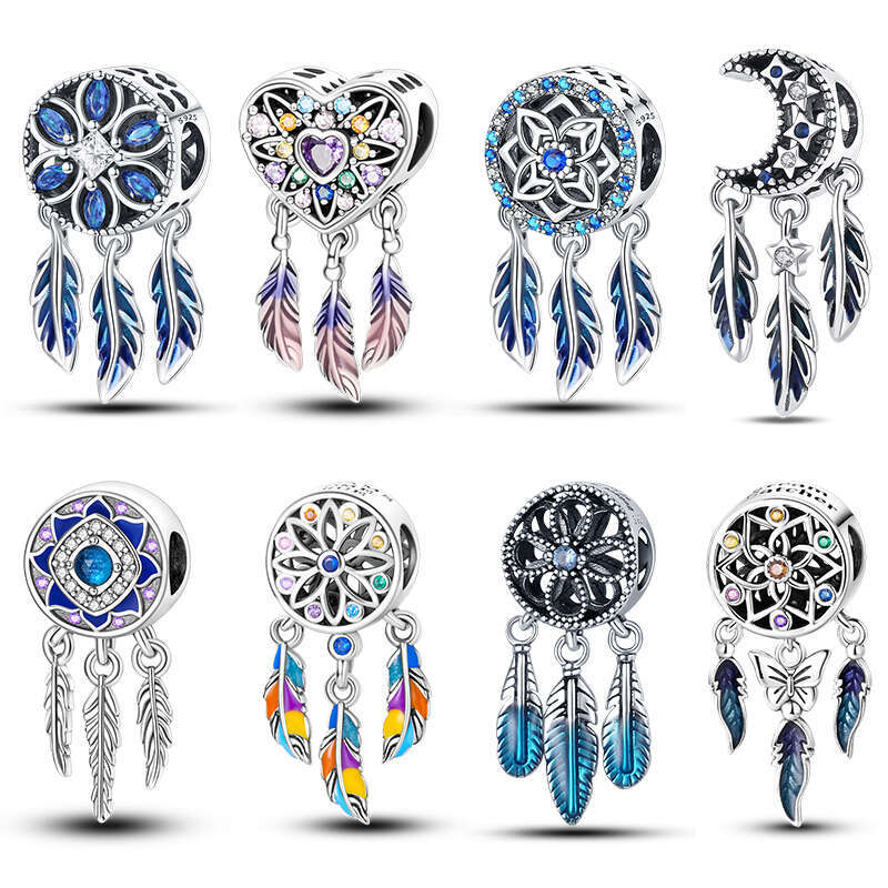 925 Sterling Silver Feather Colorful Dreamcatcher Charms Pendants Fit Original Bracelets DIY Jewelry