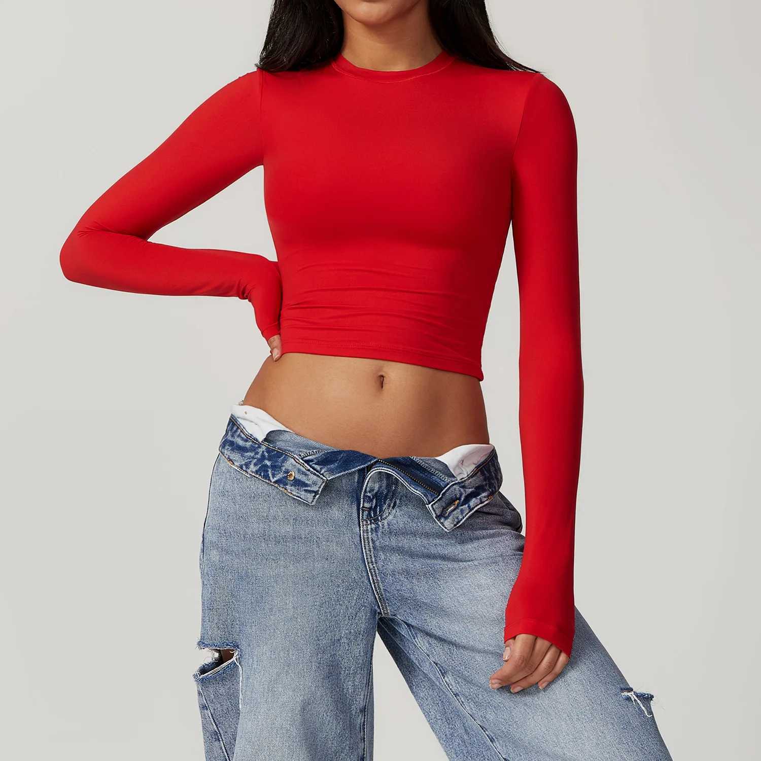 New Women Yoga T-shirts Solid Sports Top Long Sleeve Running Shirts Sexy Exposed Navel Quick Dry Fitness Gym Workout Tops M240914