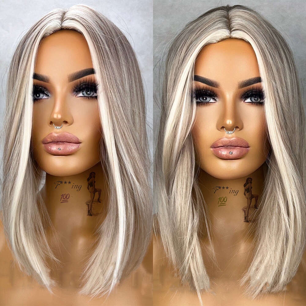 Japanese Synthetic Fiber 14" Ash Light Brown Platinum Blonde Lace Front Wig Strea Highlights Hair Eye Catching Gift Everyday