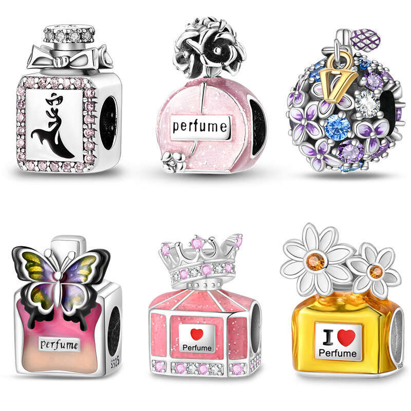 925 Sterling Silver Butterfly Crown Pink Perfume Bottle Charms Beads Fit Original Bracelets DIY Jewelry Gifts