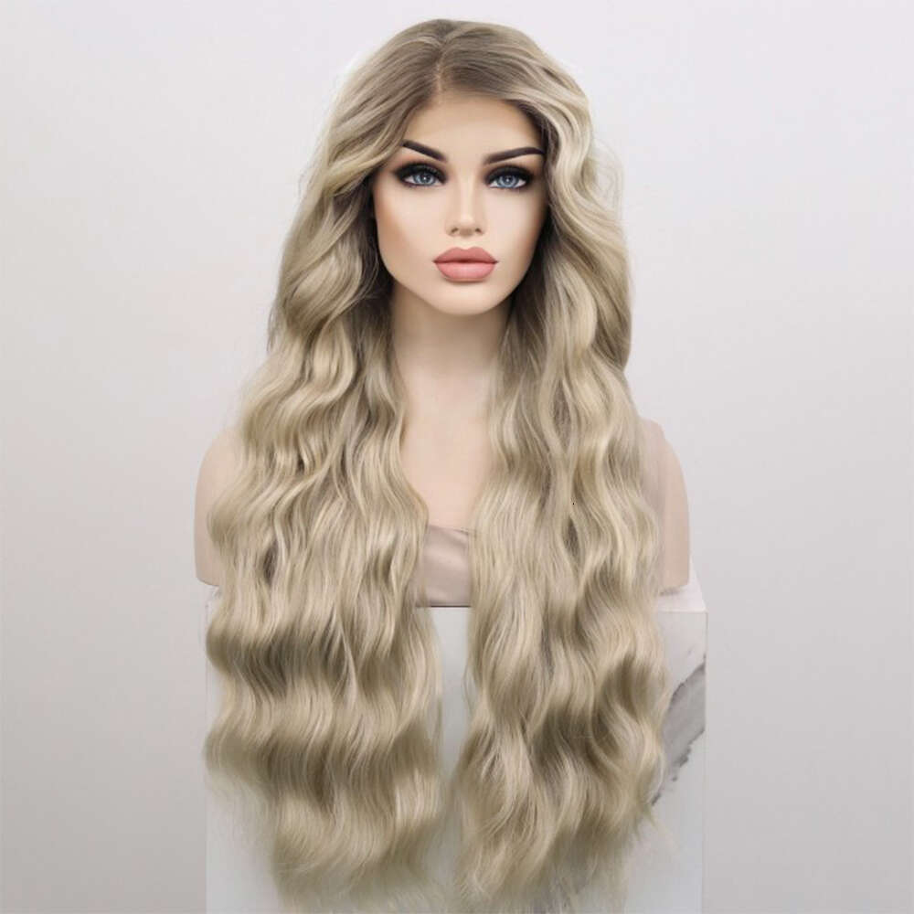 High-Quality Heat-Friendly Fiber Ombre Blonde Long Wavy Synthetic Lace Front Wig Dark Roots Human Hair Wigs Girl Lady Party Use