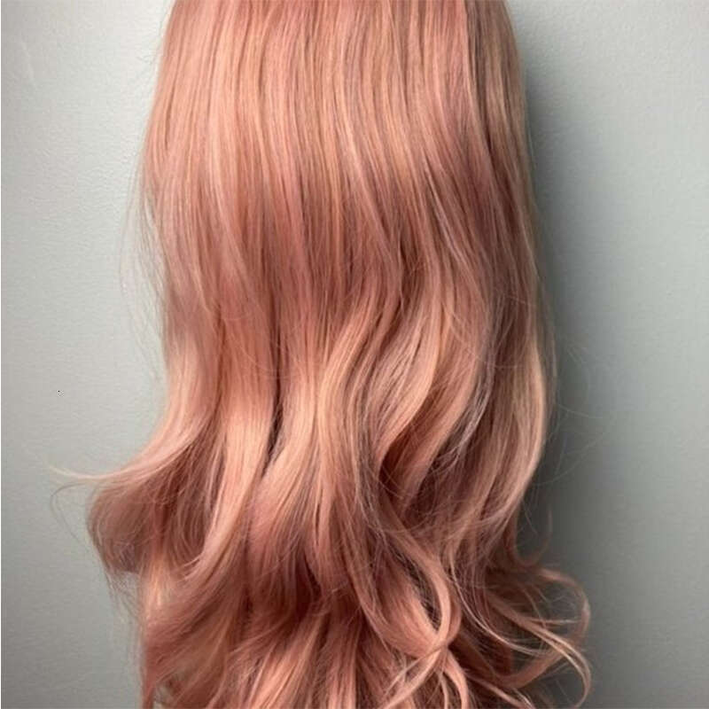 Pastel Synthetic Wigs Heat Resistant Rose Pink Lace Front 10% Human Mixed Long Hair Wavy Cosplay Wig 180%