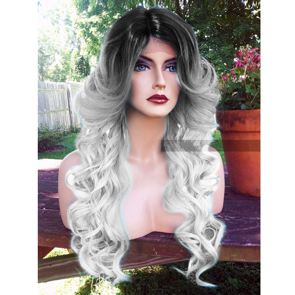 Light Sier Grey Lace Front With Ombre Black Roots 22" Long Curly Wig Heat Safe Synthetic Wigs For Women Daily Cosplay