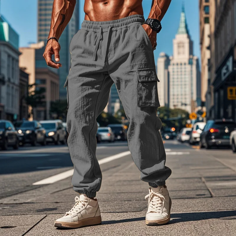Autumn Daily Casual Breathable Cotton Pants Men Streetwear Fashion Multi Pockets Cargo Pants Vintage Mens Solid Color Pants 240913