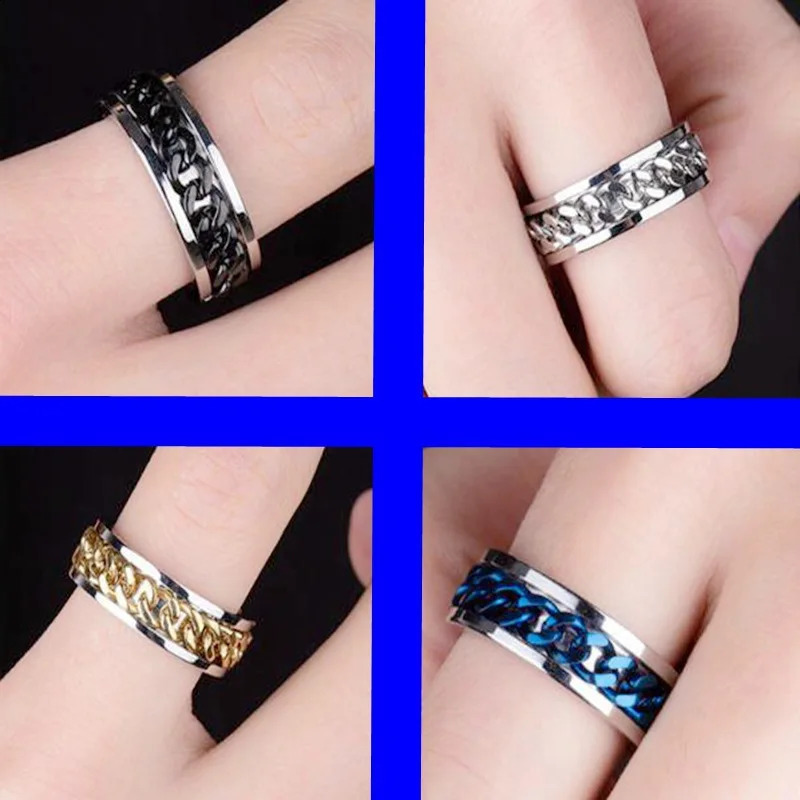 Steel Rotatable Chain Rings Men Women Stress Ring For Anxiety Couple Jewelry 8mm Corkscrew Multifunctional Gift 240906