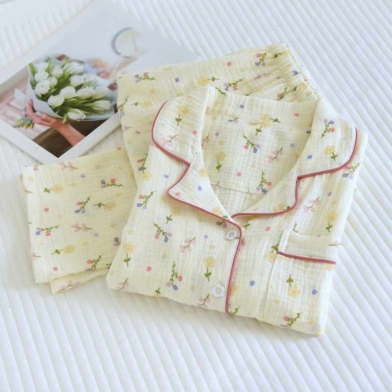 2024 Autumn Cotton Crepe Women's Pamas Casual Soft Loose Sleepwear Long Sleeve Pants Pama Sets Night Clothes 2-Piece Set