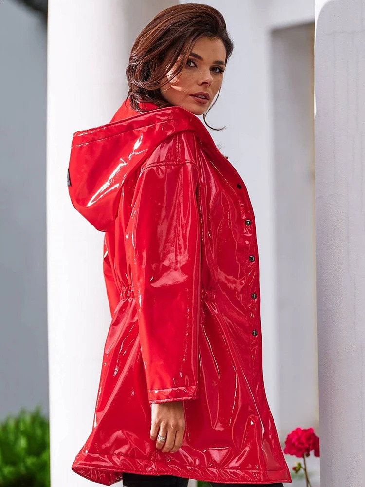 Women Casual Patent Leather Hooded Trench Loose Fashion PVC Long Coats Button Jackets Long Sleeve Plus Size PU Outwear Custom 240913