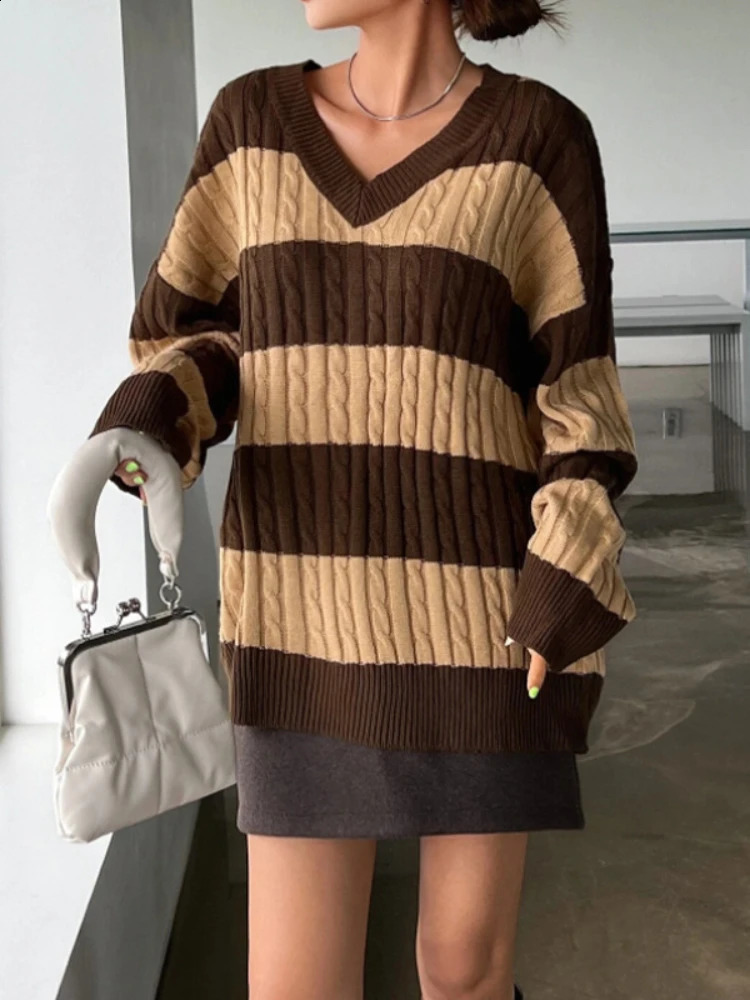 Suninbox Vintage V Neck Acrylic Knitted Sweaters Women Korean Fashion Long Sleeve Striped Sweater Pullover Autumn Winter Clothes 240904