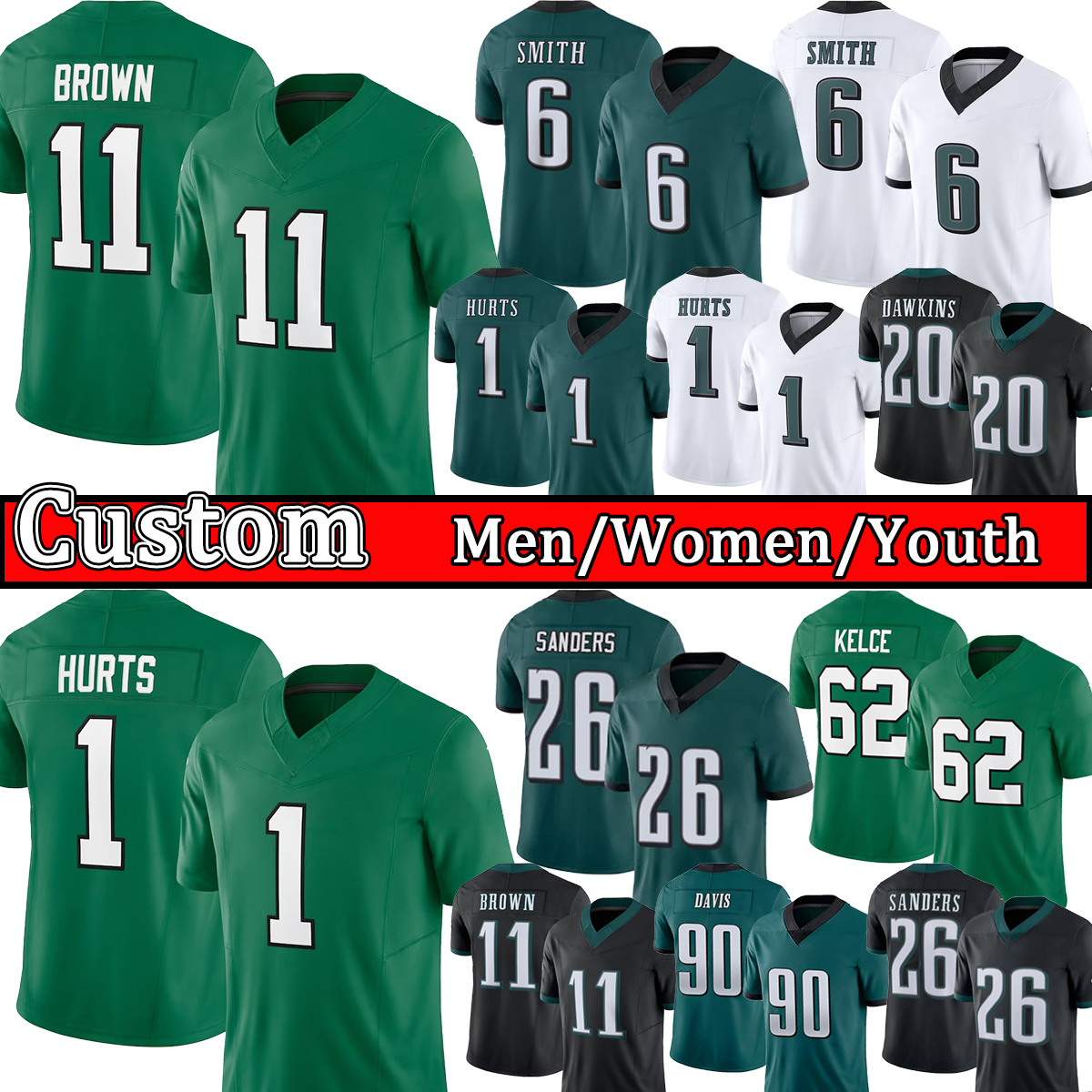 Saquon Barkley Jalen Hurts Eagleslies Football Jersey A.J. Brown Jason Kelce DeVonta Smith Brian Dawkin Goedert Davis Custom Men Kids Youth Jerseys