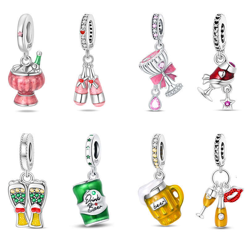 New 925 Sterling Silver Beverage Cold Beer Champagne Red Wine Charms Beads Fit Original Bracelets DIY Jewelry