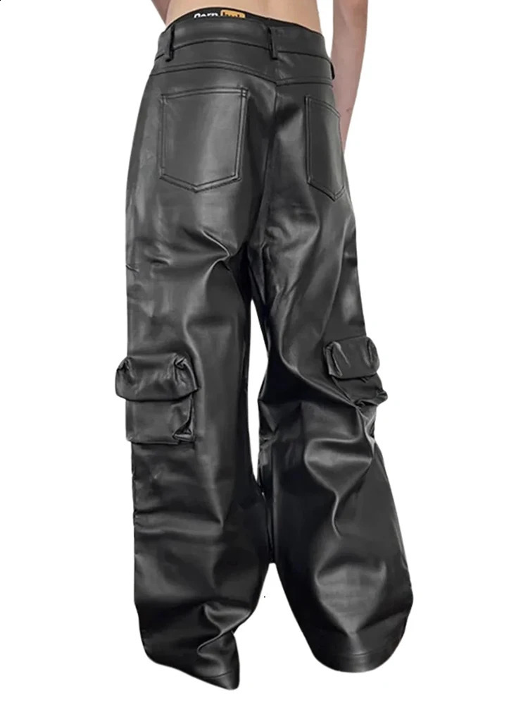 Mens black matte leather cargo pants mid waist loose straight pants with multiple pockets mens fashion Y2K PU Trouser customized Clubwear 240913