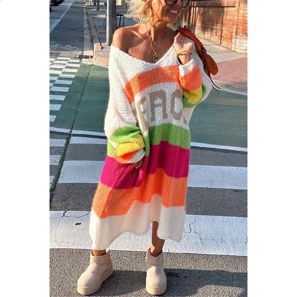 Elegant Knitted Dress For Women Long Sleeve V Neck Loose Dresses Fashion Cover Up Autumn Lady Streetwear Chic Sweater 240904