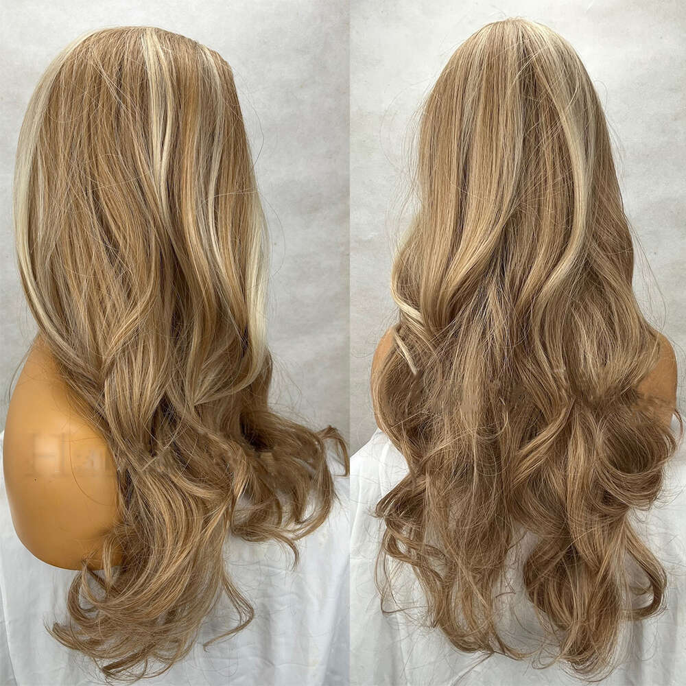 Honey Blonde Ash Highlights Balayage Synthetic Wigs 26 Inch Long Women's Center Parting Lace Front Wig Heat Resistant Fiber