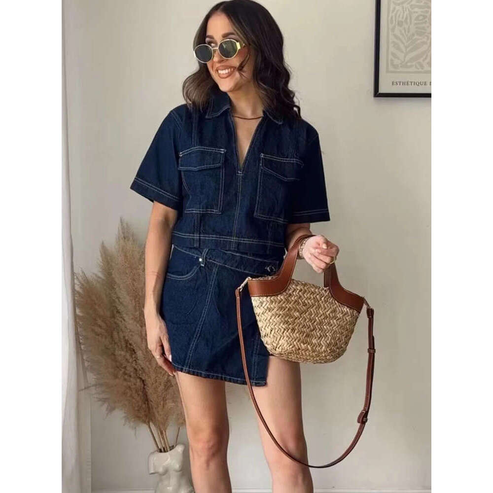 Women Pamas Denim Jacket Mini Set Summer Loose Sleepwear Short Sleeve Tops High Waist Skirt 2 Pcs Home Suit Outfits