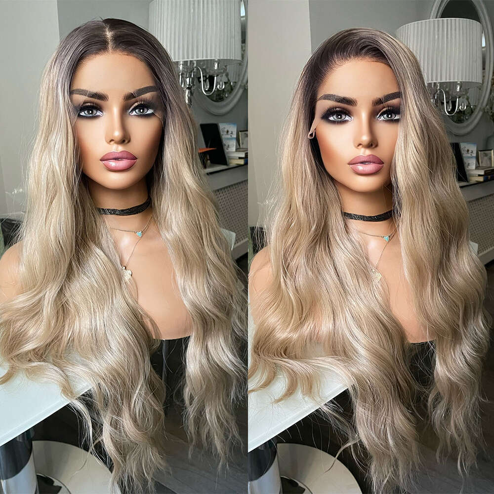 Ash Blonde Ombre Dark Brown Roots Synthetic Lace Front Wig For Alopecia Hair Loss Women Gift Daily Heat Resistant