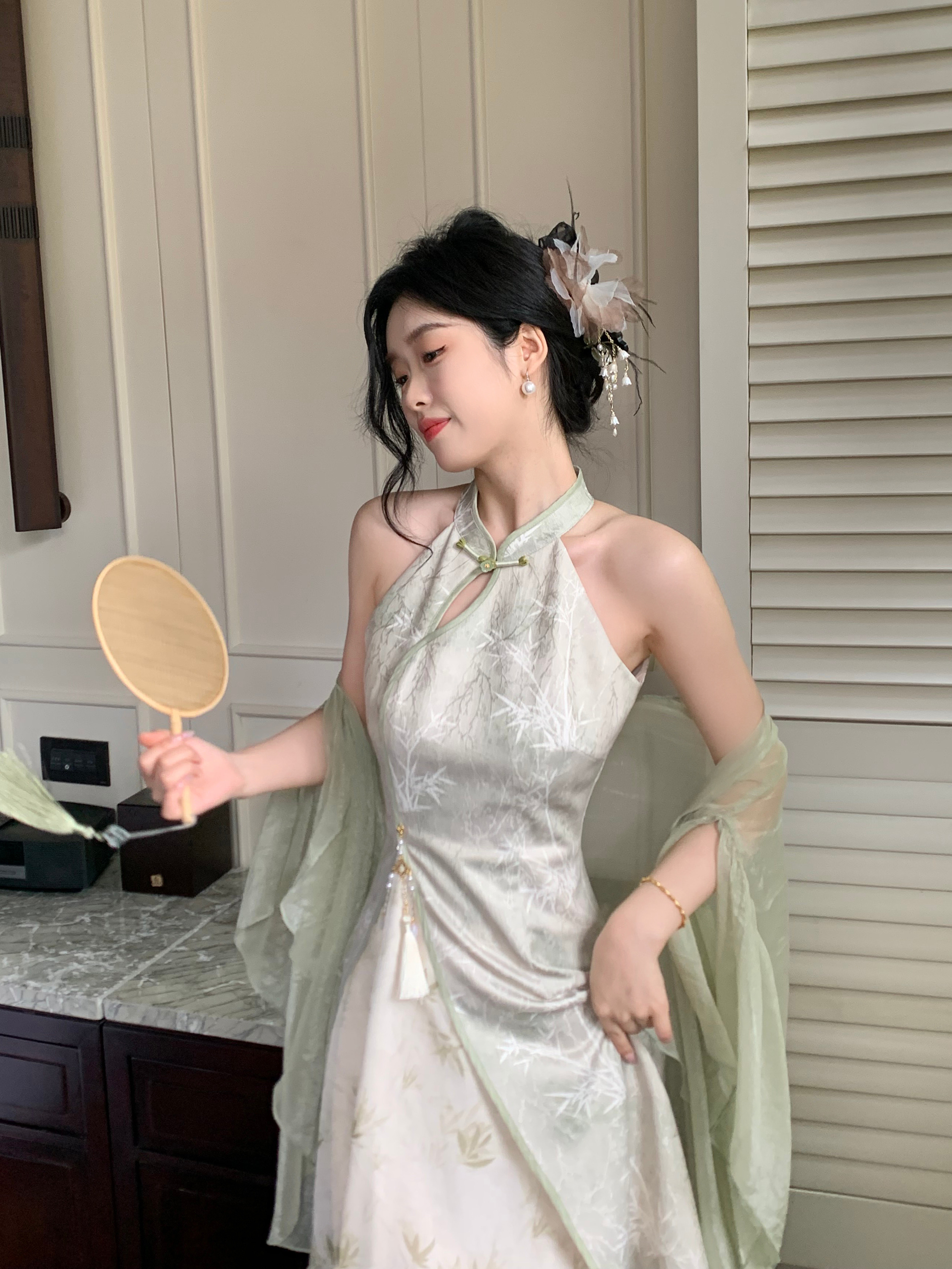 Blovelan Hanfu Style Cheongsam Dress - Bamboo Shadows Jacquard Print, Chinese Traditional Halter Neck Qipao