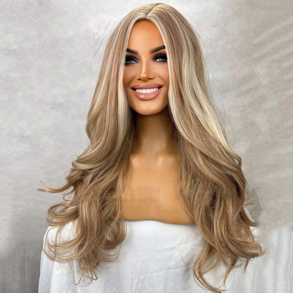 Honey Blonde Ash Highlights Balayage Synthetic Wigs 26 Inch Long Women's Center Parting Lace Front Wig Heat Resistant Fiber