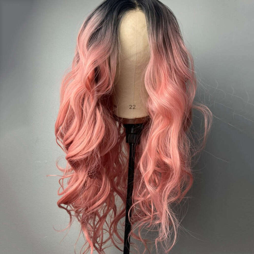 Black Root Peach Synthetic Lace Front 10% Human Pastel Pink Long Wavy Hair Wig For Women Cosplay Drag