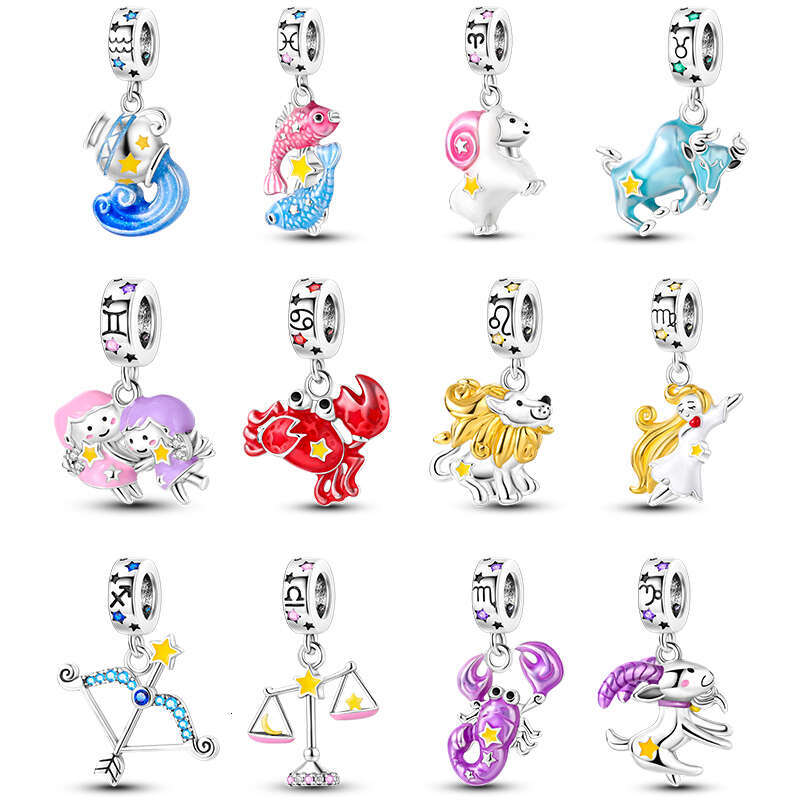 925 New Sterling Silver 12 Constellation Luminous Pendant Charm Bead Fit Original Bracelet for Women Making Gift DIY